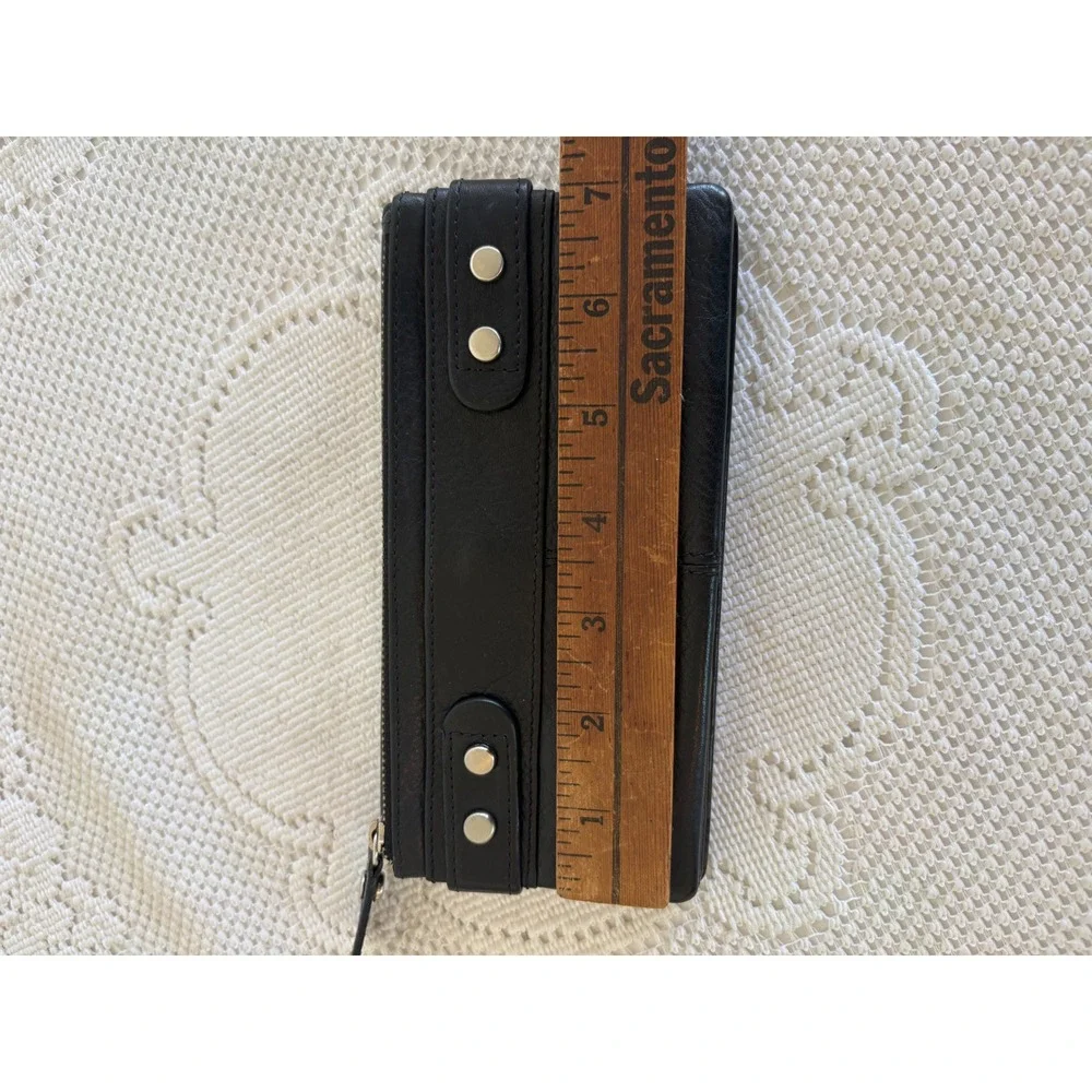 Fossil Black Leather Bifold Wallet Studded Zip Coin Pocket ID Window Minimalists
